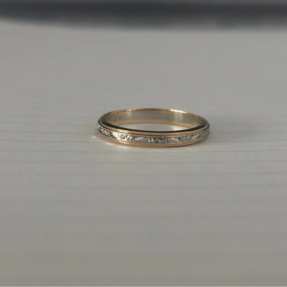 14K Two-Tone Etched Stackable Women's Wedding Band - yellow and white gold - Picture 1 of 4